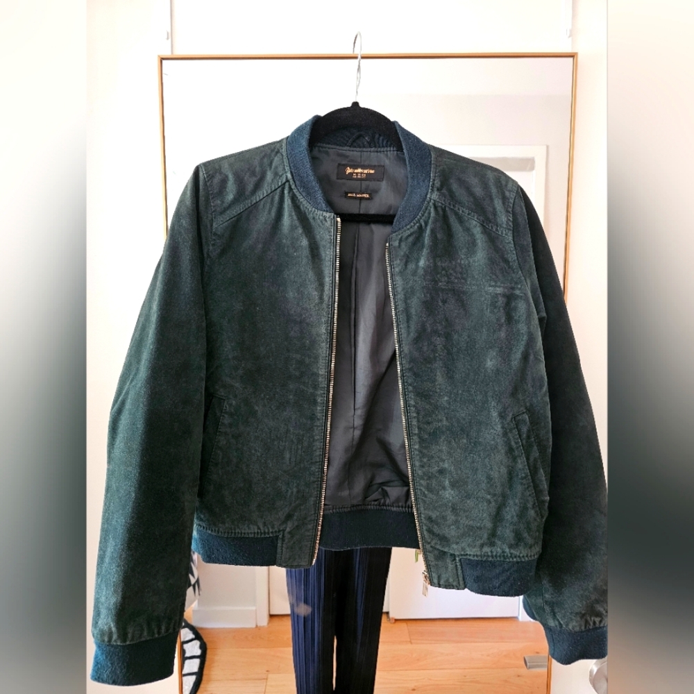 Dark green leather bomber jacket, Stradivarius, size M